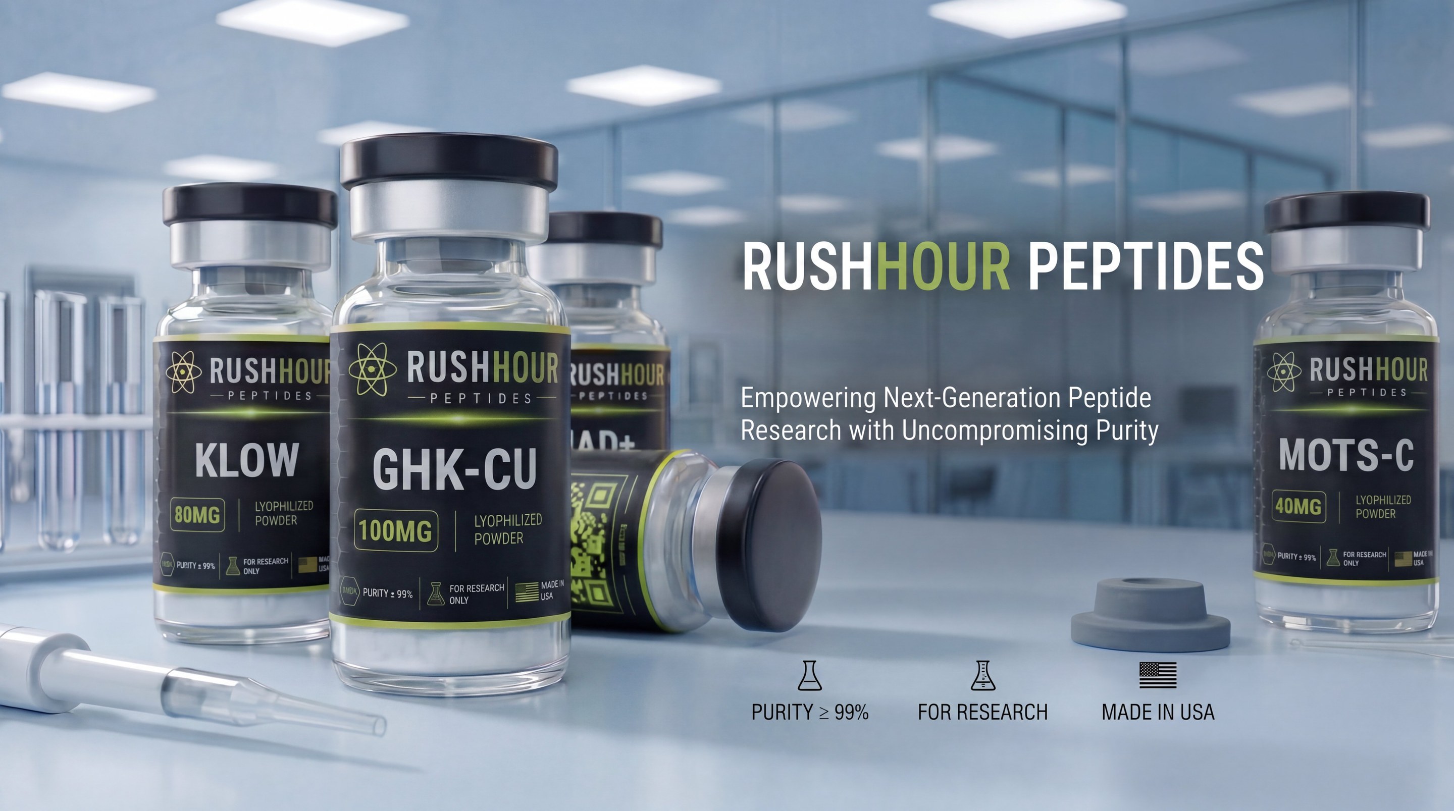 RushHour Peptides — research-grade peptides, purity >=99%, made in USA